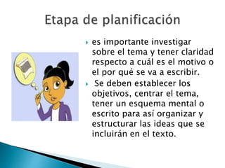  es importante investigar
sobre el tema y tener claridad
respecto a cuál es el motivo o
el por qué se va a escribir.
 Se deben establecer los
objetivos, centrar el tema,
tener un esquema mental o
escrito para así organizar y
estructurar las ideas que se
incluirán en el texto.
 