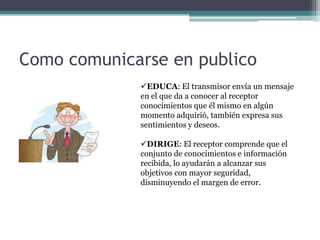 Como comunicarse en publico
             EDUCA: El transmisor envía un mensaje
             en el que da a conocer al receptor
             conocimientos que él mismo en algún
             momento adquirió, también expresa sus
             sentimientos y deseos.

             DIRIGE: El receptor comprende que el
             conjunto de conocimientos e información
             recibida, lo ayudarán a alcanzar sus
             objetivos con mayor seguridad,
             disminuyendo el margen de error.
 