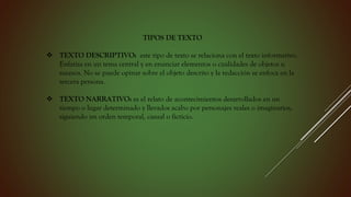 TIPOS DE TEXTO
 TEXTO DESCRIPTIVO: este tipo de texto se relaciona con el texto informativo.
Enfatiza en un tema central y en enunciar elementos o cualidades de objetos u
sucesos. No se puede opinar sobre el objeto descrito y la redacción se enfoca en la
tercera persona.
 TEXTO NARRATIVO: es el relato de acontecimientos desarrollados en un
tiempo o lugar determinado y llevados acabo por personajes reales o imaginarios,
siguiendo un orden temporal, casual o ficticio.
 