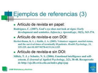 Ejemplos de referencias (3)
UAM Biblioteca y Archivo
 Artículo de revista en papel:
Rodríguez, C. (2007). God’s eye does not look at signs: Early
development and semiotics. Infancia y Aprendizaje, 30(3), 343-374.
 Artículo de revista-e con DOI:
Herbst-Damn, K. L. y Kulik, J. A. (2005). Volunteer support, marital status,
and the survival times of terminally ill patients. Health Psychology, 24,
225-229. doi:10.1037/0278-6133.24.2.225
 Artículo de revista-e sin DOI:
Sillick, T. J. y Schutte, N. S. (2006). Emotional intelligence and self-
esteem. E-Journal of Applied Psychology, 2(2), 38-48. Recuperado
de http://ojs.lib.swin.edu.au/index.php/ejap
 