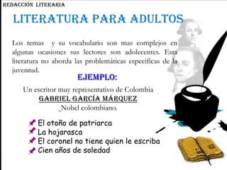 Literatura PARA ADULTOS
EJEMPLO:
REDACCIÓN literaria
Los temas y su vocabulario son mas complejos en
algunas ocasiones sus lectores son adolecentes. Esta
literatura no aborda las problemáticas especificas de la
juventud.
Un escritor muy representativo de Colombia
Gabriel García Márquez
Nobel colombiano.
El otoño de patriarca
La hojarasca
El coronel no tiene quien le escriba
Cien años de soledad
 