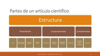 Partes de un artículo científico
Estructura
Presentación
Título
Identificación
de los autores
Resumen o
abstract
Palabras
claves
Cuerpo del texto
Introducción
Método y
materiales
Resultados /
Discusión
Conclusiones
Complementos
Literatura
consultada
y/o
referenciada
Apéndices
FRANCISCO SANDOVAL || FASANDOVAL@UTPL.EDU.EC || 2016 13
 