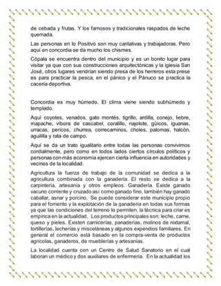 de cebada y frutas. Y los famosos y tradicionales raspados de leche 
quemada. 
Las personas en lo Positivo son muy caritativas y trabajadoras. Pero 
aquí en concordia se da mucho los chismes. 
Cópala se encuentra dentro del municipio y es un bonito lugar para 
visitar ya que con sus construcciones arquitectónicas y la iglesia San 
José, otros lugares vendrían siendo presa de los herreros esta prese 
es para practicar la pesca, en el pánico y el Pánuco se practica la 
cacería deportiva. 
Concordia es muy húmedo. El clima viene siendo subhúmedo y 
templado. 
Aquí coyotes, venados, gato montés, tigrillo, ardilla, conejo, liebre, 
mapache, víbora de cascabel, coralillo, najolote, güicos, iguanas, 
urracas, pericos, churrea, correcaminos, choles, palomas, halcón, 
aguililla y rata de campo. 
Aquí se da un trato igualitario entre todas las personas convivimos 
cordialmente, pero como en todos lados ciertos círculos políticos y 
personas con más economía ejercen cierta influencia en autoridades y 
vecinos de la localidad. 
Agricultura la fuerza de trabajo de la comunidad se dedica a la 
agricultura combinada con la ganadería. El resto se dedica a la 
carpintería, artesanía y otros empleos. Ganadería. Existe ganado 
vacuno corriente y cruzado así como ganado fino, también hay ganado 
caballar, asnar y porcino. Se puede considerar este municipio propio 
para el fomento y la explotación de la ganadería en todas sus formas 
ya que las condiciones del terreno lo permiten, la técnica para criar es 
empírica en la actualidad. Los productos principales son: leche, carne, 
queso y pieles. Existen carnicerías, panaderías, molinos de nixtamal, 
tortillerías, lecherías y misceláneas y algunos expendios familiares. En 
general el comercio está basado en la compra-venta de productos 
agrícolas, ganaderos, de mueblerías y artesanías. 
La localidad cuenta con un Centro de Salud Sanatorio en el cual 
laboran un médico y dos auxiliares de enfermería. En la actualidad los 
 