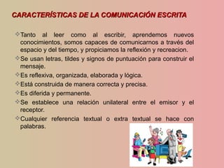 CARACTERÍSTICAS DE LA COMUNICACIÓN ESCRITACARACTERÍSTICAS DE LA COMUNICACIÓN ESCRITA
Tanto al leer como al escribir, aprendemos nuevos
conocimientos, somos capaces de comunicarnos a través del
espacio y del tiempo, y propiciamos la reflexión y recreacion.
Se usan letras, tildes y signos de puntuación para construir el
mensaje.
Es reflexiva, organizada, elaborada y lógica.
Está construida de manera correcta y precisa.
Es diferida y permanente.
Se establece una relación unilateral entre el emisor y el
receptor.
Cualquier referencia textual o extra textual se hace con
palabras.
 