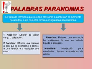 PALABRAS PARANOMIASPALABRAS PARANOMIAS
se trata de términos que pueden prestarse a confusión al momento
de usarlas, o de cometer errores ortográficos al escribirlas.
1 Absolver: Liberar de algún
cargo u obligación.
2 Convidar: Ofrecer una persona
a otra que le acompañe a comer,
a una función o a cualquier otra
cosa
1 Absorber: Retener una sustancia
las moléculas de otra en estado
líquido o gaseoso:.
2.combinar: Interjección para
manifestar diversas expresiones de
ánimo
1 Absorber: Retener una sustancia
las moléculas de otra en estado
líquido o gaseoso:.
2.combinar: Interjección para
manifestar diversas expresiones de
ánimo
 