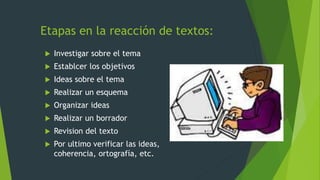 Etapas en la reacción de textos:
 Investigar sobre el tema
 Establcer los objetivos
 Ideas sobre el tema
 Realizar un esquema
 Organizar ideas
 Realizar un borrador
 Revision del texto
 Por ultimo verificar las ideas,
coherencia, ortografía, etc.
 