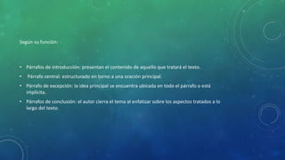 Según su función:
• Párrafos de introducción: presentan el contenido de aquello que tratará el texto.
• Párrafo central: estructurado en torno a una oración principal.
• Párrafo de excepción: la idea principal se encuentra ubicada en todo el párrafo o está
implícita.
• Párrafos de conclusión: el autor cierra el tema al enfatizar sobre los aspectos tratados a lo
largo del texto.
 
