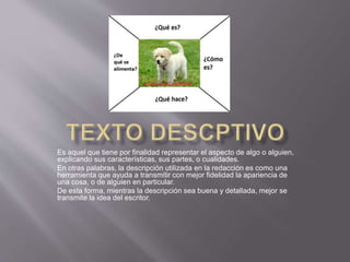 Es aquel que tiene por finalidad representar el aspecto de algo o alguien,
explicando sus características, sus partes, o cualidades.
En otras palabras, la descripción utilizada en la redacción es como una
herramienta que ayuda a transmitir con mejor fidelidad la apariencia de
una cosa, o de alguien en particular.
De esta forma, mientras la descripción sea buena y detallada, mejor se
transmite la idea del escritor.
 