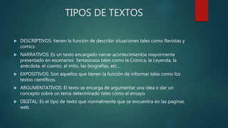 TIPOS DE TEXTOS
 DESCRIPTIVOS: tienen la función de describir situaciones tales como Revistas y
comics
 NARRATIVOS: Es un texto encargado narrar acontecimientos mayormente
presentado en escenarios fantasiosos tales como la Crónica, la Leyenda, la
anécdota, el cuento, el mito, las biografías, etc…
 EXPOSITIVOS: Son aquellos que tienen la función de informar tales como los
textos científicos.
 ARGUMENTATIVOS: El texto se encarga de argumentar una idea o dar un
concepto sobre un tema determinado tales como el ensayo.
 DIGITAL: Es el tipo de texto que normalmente que se encuentra en las paginas
web.
 