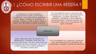 3.1 ¿CÓMO ESCRIBIR UNA RESEÑA
La reseña es un texto expositivo-
argumentativo escrito en el ámbito
académico y en publicaciones periódicas
como diarios o revistas. Su propósito es
describir, analizar y emitir un juicio crítico o
juicios de valor sobre una obra o evento
En una reseña se hace un recuento del
contenido de una obra, seleccionando lo
significativo, sus ideas esenciales, su
propósito, la finalidad y otros aspectos
complementarios, al tiempo que da una
valoración crítica, que es la posición de
quien la escribe.
Existen diferentes tipos de reseñas: las
bibliográficas o literarias sobre libros de
reciente publicación; de cine, sobre películas
en cartelera; de discos recientes; de eventos
y espectáculos, como obras teatrales y
conciertos, entre otros.
En la universidad es un ejercicio constante,
pues permite evaluar la capacidad de
comprensión, reflexión y síntesis del reseñador
.
DEFINICIÓN
?
 