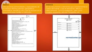 ÍNDICE
Lista opcional pormenorizada y especializada de
los diversos términos precisos (geográficos,
onomásticos, temáticos, etc.) que se incluyen en el
documento para facilitar su ubicación.
ANEXOS
Son los documentos o elementos que complementan el
cuerpo del trabajo y que se relacionan, directa o
indirectamente, con la investigación, tales como
modelos, esquemas, artículos, fotografías, etc.
 