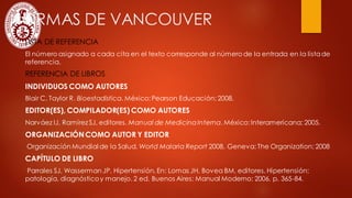 NORMAS DE VANCOUVER
LISTA DE REFERENCIA
El número asignado a cada cita en el texto corresponde al número de la entrada en la listade
referencia.
REFERENCIA DE LIBROS
INDIVIDUOS COMO AUTORES
Blair C, Taylor R. Bioestadística. México:Pearson Educación; 2008.
EDITOR(ES), COMPILADOR(ES) COMO AUTORES
Narváez IJ, Ramírez SJ, editores. Manual de MedicinaInterna. México:Interamericana; 2005.
ORGANIZACIÓNCOMO AUTOR Y EDITOR
Organización Mundial de la Salud. World Malaria Report 2008. Geneva: The Organization; 2008
CAPÍTULO DE LIBRO
Parrales SJ, Wasserman JP. Hipertensión. En: Lomas JH, Bovea BM, editores. Hipertensión:
patología, diagnósticoy manejo. 2 ed. Buenos Aires: Manual Moderno; 2006. p. 365-84.
 