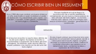 1.1 ¿CÓMO ESCRIBIR BIEN UN RESUMEN
Ecco (1982) dice que construir una buena síntesis es
un arte, pues implica a quien la elabora un poder
de abstracción muy desarrollado para captar, con
precisión y concisión, la idea global y manifestarla
en forma lógica y coherente.
Proceso mediante el cual se llega a la
reconstrucción de un escrito preexistente,
condensando, en uno nuevo y menos extenso, la
idea principal del texto original . Los lectores,
mientras leen, aplican unas macrorreglas para
reducir la información: Supresión, generalización y
construcción.
En el resumen el escritor no aporta ideas distintas de
las del autor original. No expresa el escritor su
inconformidad o aceptación de las ideas del autor
primigenio. No obstante, quien resume utiliza sus
propias palabras o las mezcla con las del autor del
texto original
Álvarez Angulo subraya que el resumen sirve para
desarrollar la comprensión textual global, decidir si
vale la pena leer el escrito original completo,
recordar lo fundamental de lo leído, clarificar el
contenido informativo que aparece en un
determinado texto, condensar las ideas y
expresarse de forma eficaz
DEFINICIÓN
?
 