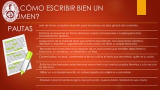 1.2 ¿CÓMO ESCRIBIR BIEN UN
RESUMEN?
PAUTAS
Leer de forma completa el escrito para formarnos una idea global del contenido.
Elaborar un esquema en forma de llaves, mapas conceptuales o cualesquiera otros
procedimientos gráficos.
Asegurarnos de la clase de texto que estamos resumiendo: conversacional, narrativo,
descriptivo, expositivo, argumentativo, pues cada uno tiene su propia estructura
Recordar que el resumen es la creación de un nuevo texto que también debe tener su
estructura: un comienzo, un desarrollo y un final.
Contextualizar, es decir, contémosle al lector cuál es el texto que resumimos, quién es su autor.
Evitar las citas textuales; redactemos el nuevo texto con nuestros propios términos y a la vez con
los del autor.
Utilizar un vocabulario sencillo, sin sobrecargarlo con adjetivos o adverbios.
Emplear correctamente los signos de puntuación, pues le darán claridad al nuevo texto
 