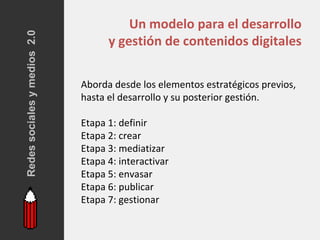 Redes sociales y medios 2.0
                                        Un modelo para el desarrollo
                                    y gestión de contenidos digitales

                              Aborda desde los elementos estratégicos previos,
                              hasta el desarrollo y su posterior gestión.

                              Etapa 1: definir
                              Etapa 2: crear
                              Etapa 3: mediatizar
                              Etapa 4: interactivar
                              Etapa 5: envasar
                              Etapa 6: publicar
                              Etapa 7: gestionar
 
