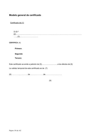 Página 136 de 162
Modelo general de certificado
Certificado de (1)
D./D.ª
(2).............................……………………………………………………………………………
….., (3)………………………….
CERTIFICA: (4)
Primero:
Segundo:
Tercero:
Este certificado se emite a petición de (5)................................a los efectos de (6)
La validez temporal de este certificado es de (7)
(8) ………….., …………de ………………….de……………………….
(9)
 