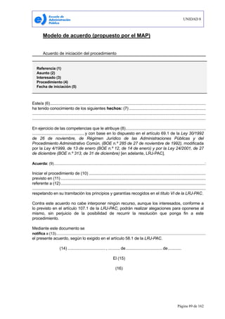 UNIDAD 8
Página 89 de 162
Modelo de acuerdo (propuesto por el MAP)
Acuerdo de iniciación del procedimiento
Este/a (6)............................................................................................................................................
ha tenido conocimiento de los siguientes hechos: (7).....................................................................
............................................................................................................................................................
............................................................................................................................................................
En ejercicio de las competencias que le atribuye (8)........................................................................
...............................................y con base en lo dispuesto en el artículo 69.1 de la Ley 30/1992
de 26 de noviembre, de Régimen Jurídico de las Administraciones Públicas y del
Procedimiento Administrativo Común, (BOE n.º 285 de 27 de noviembre de 1992), modificada
por la Ley 4/1999, de 13 de enero (BOE n.º 12, de 14 de enero) y por la Ley 24/2001, de 27
de diciembre (BOE n.º 313, de 31 de diciembre) [en adelante, LRJ-PAC].
Acuerda: (9).......................................................................................................................................................:
Iniciar el procedimiento de (10) .........................................................................................................
previsto en (11) ..................................................................................................................................
referente a (12) ..................................................................................................................................
............................................................................................................................................................
respetando en su tramitación los principios y garantías recogidos en el título VI de la LRJ-PAC.
Contra este acuerdo no cabe interponer ningún recurso, aunque los interesados, conforme a
lo previsto en el artículo 107.1 de la LRJ-PAC, podrán realizar alegaciones para oponerse al
mismo, sin perjuicio de la posibilidad de recurrir la resolución que ponga fin a este
procedimiento.
Mediante este documento se
notifica a (13)......................................................................................................................................................
el presente acuerdo, según lo exigido en el artículo 58.1 de la LRJ-PAC.
(14) .................................., ........... de................................. de............
El (15)
(16)
Referencia (1)
Asunto (2)
Interesado (3)
Procedimiento (4)
Fecha de iniciación (5)
 