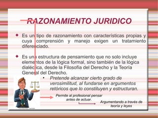 RAZONAMIENTO JURIDICO
 Es un tipo de razonamiento con características propias y
cuya comprensión y manejo exigen un tratamiento
diferenciado.
 Es una estructura de pensamiento que no solo incluye
elementos de la lógica formal, sino también de la lógica
dialéctica, desde la Filosofía del Derecho y la Teoría
General del Derecho.
• Pretende alcanzar cierto grado de
verosimilitud, al fundarse en argumentos
retóricos que lo constituyen y estructuran.
Permite al profesional pensar
antes de actuar.
Argumentando a través de
teoría y leyes
 