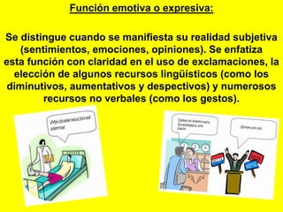 Función emotiva o expresiva:
Se distingue cuando se manifiesta su realidad subjetiva
(sentimientos, emociones, opiniones). Se enfatiza
esta función con claridad en el uso de exclamaciones, la
elección de algunos recursos lingüísticos (como los
diminutivos, aumentativos y despectivos) y numerosos
recursos no verbales (como los gestos).
 