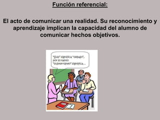 Función referencial:
El acto de comunicar una realidad. Su reconocimiento y
aprendizaje implican la capacidad del alumno de
comunicar hechos objetivos.
 