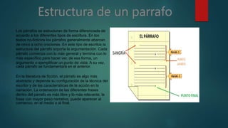 Los párrafos se estructuran de forma diferenciada de
acuerdo a los diferentes tipos de escritura. En los
textos no-ficticios los párrafos generalmente abarcan
de cinco a ocho oraciones. En este tipo de escritos la
estructura del párrafo soporta la argumentación. Cada
párrafo comienza con lo más general y termina con lo
más específico para hacer ver, de esa forma, un
argumento o ejemplificar un punto de vista. A su vez,
cada párrafo se fundamentará en el anterior.
En la literatura de ficción, el párrafo es algo más
abstracto y depende su configuración de la técnica del
escritor y de las características de la acción en la
narración. La ordenación de las diferentes frases
dentro del párrafo es más libre y lo más relevante, la
frase con mayor peso narrativo, puede aparecer al
comienzo, en el medio o al final.
 