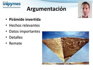 Argumentación 
•Pirámide invertida 
•Hechos relevantes 
•Datos importantes 
•Detalles 
•Remate 
 