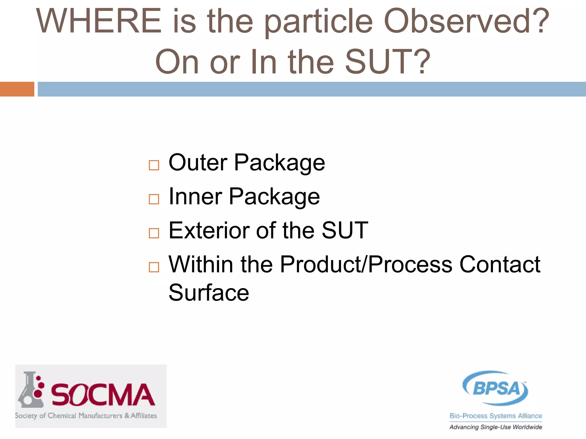 WHERE is the particle Observed?
On or In the SUT?
 Outer Package
 Inner Package
 Exterior of the SUT
 Within the Product/Process Contact
Surface
 