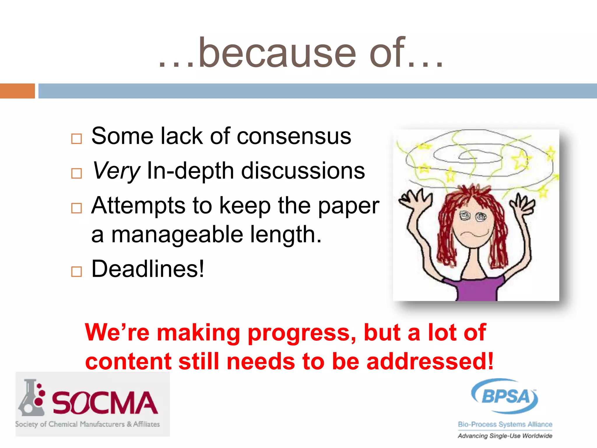 …because of…
 Some lack of consensus
 Very In-depth discussions
 Attempts to keep the paper
a manageable length.
 Deadlines!
We’re making progress, but a lot of
content still needs to be addressed!
 