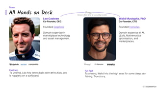 All Hands on Deck
Team
Leo Gasteen
Co-Founder, CEO
Founded Edgefolio
Domain expertise in
marketplace technology
and asset management
Walid Mustapha, PhD
Co-Founder, CTO
Founded Homefair,
Domain expertise in AI,
LLMs, Mathematical
optimisation, and
marketplaces.
Fun Fact
To unwind, Walid hits the high seas for some deep sea
fishing. True story.
Fun Fact
To unwind, Leo hits tennis balls with at his kids, and
is happiest on a surfboard.
Advisor to Walid whilst he was building Homefair
 