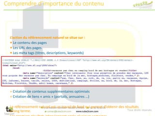Tous droits réservés
L’action du référencement naturel se situe sur :
 Le contenu des pages
 Les URL des pages
 Les méta tags (titres, descriptions, keywords)
+ Création de contenus supplémentaires optimisés
+ Création de liens « amis » (portails, annuaires …)
Le référencement naturel est un travail de fond qui permet d’obtenir des résultats
à long terme.
Comprendre d’importance du contenu
 
