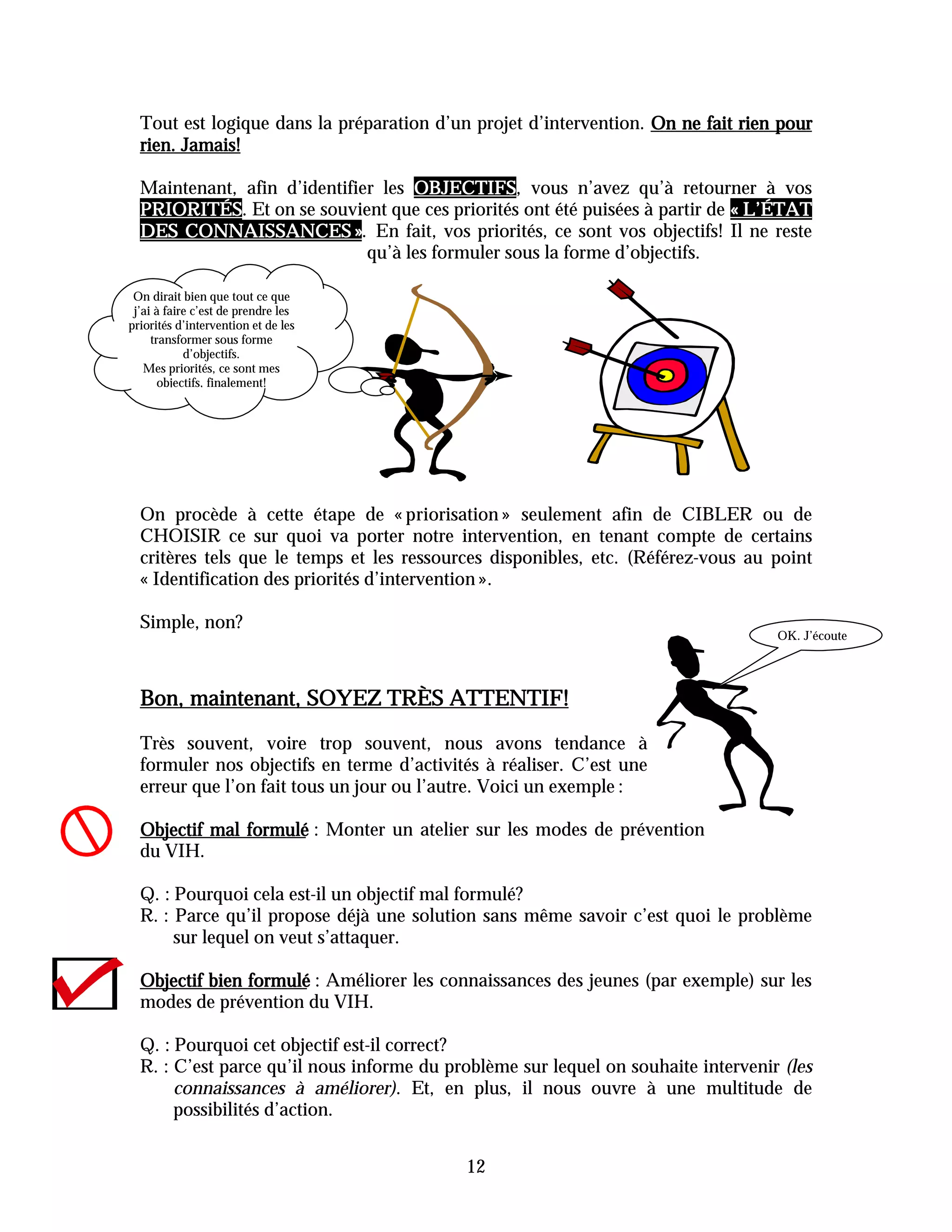 Tout est logique dans la préparation d’un projet d’intervention. On ne fait rien pour
  rien. Jamais!

  Maintenant, afin d’identifier les OBJECTIFS vous n’avez qu’à retourner à vos
                                    OBJECTIFS,
  PRIORITÉS.
  PRIORITÉS Et on se souvient que ces priorités ont été puisées à partir de « L’ÉTAT
  DES CONNAISSANCES » En fait, vos priorités, ce sont vos objectifs! Il ne reste
                            ».
                              qu’à les formuler sous la forme d’objectifs.

 On dirait bien que tout ce que
 j’ai à faire c’est de prendre les
priorités d’intervention et de les
     transformer sous forme
            d’objectifs.
   Mes priorités, ce sont mes
       objectifs, finalement!




  On procède à cette étape de « priorisation » seulement afin de CIBLER ou de
  CHOISIR ce sur quoi va porter notre intervention, en tenant compte de certains
  critères tels que le temps et les ressources disponibles, etc. (Référez-vous au point
  « Identification des priorités d’intervention ».

  Simple, non?
                                                                                   OK. J’écoute




  Bon, maintenant, SOYEZ TRÈS ATTENTIF!

  Très souvent, voire trop souvent, nous avons tendance à
  formuler nos objectifs en terme d’activités à réaliser. C’est une
  erreur que l’on fait tous un jour ou l’autre. Voici un exemple :

  Objectif mal formulé : Monter un atelier sur les modes de prévention
  du VIH.

  Q. : Pourquoi cela est-il un objectif mal formulé?
  R. : Parce qu’il propose déjà une solution sans même savoir c’est quoi le problème
       sur lequel on veut s’attaquer.

  Objectif bien formulé : Améliorer les connaissances des jeunes (par exemple) sur les
  modes de prévention du VIH.

  Q. : Pourquoi cet objectif est-il correct?
  R. : C’est parce qu’il nous informe du problème sur lequel on souhaite intervenir (les
       connaissances à améliorer). Et, en plus, il nous ouvre à une multitude de
       possibilités d’action.


                                           12
 