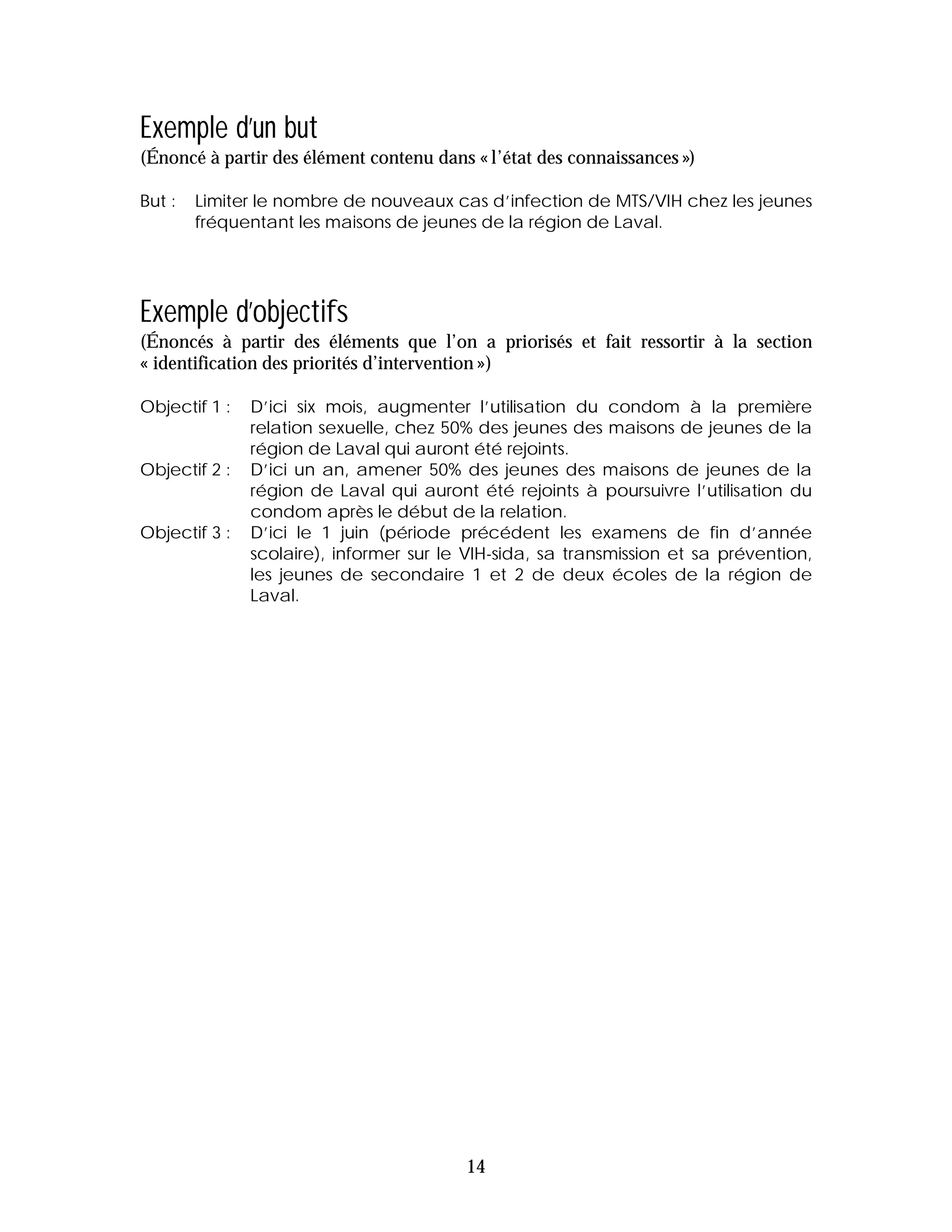 Exemple d’un but
(Énoncé à partir des élément contenu dans « l’état des connaissances »)

But :   Limiter le nombre de nouveaux cas d’infection de MTS/VIH chez les jeunes
        fréquentant les maisons de jeunes de la région de Laval.




Exemple d’objectifs
(Énoncés à partir des éléments que l’on a priorisés et fait ressortir à la section
« identification des priorités d’intervention »)

Objectif 1 :   D’ici six mois, augmenter l’utilisation du condom à la première
               relation sexuelle, chez 50% des jeunes des maisons de jeunes de la
               région de Laval qui auront été rejoints.
Objectif 2 :   D’ici un an, amener 50% des jeunes des maisons de jeunes de la
               région de Laval qui auront été rejoints à poursuivre l’utilisation du
               condom après le début de la relation.
Objectif 3 :   D’ici le 1 juin (période précédent les examens de fin d’année
               scolaire), informer sur le VIH-sida, sa transmission et sa prévention,
               les jeunes de secondaire 1 et 2 de deux écoles de la région de
               Laval.




                                         14
 
