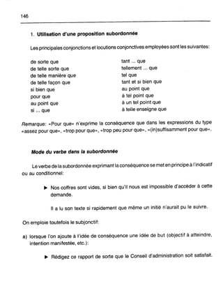 146
1. Utilisation d'une proposition subordonnée
Les principales conjonctions et locutions conjonctives employées sont les suivantes:
de sorte que
de telle sorte que
de telle manière que
de telle façon que
si bien que
pour que
au point que
si '" que
tant ... que
tellement ... que
tel que
tant et si bien que
au point que
à tel point que
à un tel point que
à telle enseigne que
Remarque: «Pour que» n'exprime la conséquence que dans les expressions du type
«assez pour que», «trop pour que», «trop peu pour que», «(in)suffisamment pour que».
Mode du verbe dans la subordonnée
Le verbe de la subordonnée exprimant la conséquence se met en principe à l'indicatif
ou au conditionnel:
.. Nos coffres sont vides, si bien qu'il nous est impossible d'accéder à cette
demande.
Il a lu son texte si rapidement que même un initié n'aurait pu le suivre.
On emploie toutefois le subjonctif:
a) lorsque l'on ajoute à l'idée de conséquence une idée de but (objectif à atteindre,
intention manifestée, etc.):
.. Rédigez ce rapport de sorte que le Conseil d'administration soit satisfait.
 