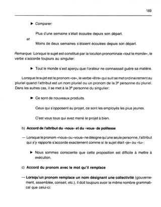 169
~ Comparer:
Plus d'une semaine s'était écoulée depuis son départ.
et
Moins de deux semaines s'étaient écoulées depuis son départ.
Remarque: Lorsque le sujet est constitué par la locution pronominale «tout le monde», le
verbe s'accorde toujours au singulier:
~ Tout le monde s'est aperçu que l'orateur ne connaissait guère sa matière.
Lorsque le sujet est le pronom «ce», le verbe «être» qui suit se metordinairementau
pluriel quand l'attribut est un nom pluriel ou un pronom de la 3e personne du pluriel.
Dans les autres cas, il se met à la 3e personne du singulier:
~ Ce sont de nouveaux produits.
Ceux qui s'opposent au projet, ce sont les employés les plus jeunes.
C'est vous tous qui avez mené le projet à bien.
b) Accord de l'attribut du "nous» et du "vous» de politesse
- Lorsque le pronom "nous» ou "vous» ne désigne qu'une seule personne, l'attribut
qui s'y rapporte s'accorde exactement comme si le sujet était «je» ou «tu»:
~ Nous sommes consciente que cette proposition est difficile à mettre à
exécution.
c) Accord du pronom avec le mot qu'il remplace
- Lorsqu'un pronom remplace un nom désignant une collectivité (gouverne-
ment, assemblée, conseil, etc.), il doit toujours avoir le même nombre grammati-
cal que celui-ci:
 