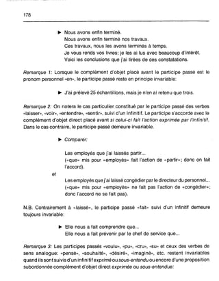 178
~ Nous avons enfin terminé.
Nous avons enfin terminé nos travaux.
Ces travaux, nous les avons terminés à temps.
Je vous rends vos livres; je les ai lus avec beaucoup d'intérêt.
Voici les conclusions que j'ai tirées de ces constatations.
Remarque 1: Lorsque le complément d'objet placé avaot le participe passé est le
pronom personnel «en», le participe passé reste en principe invariable:
~ J'ai prélevé 25 échantillons, mais je n'en ai retenu que trois.
Remarque 2: 00 notera le cas particulierconstitué par le participe passé des verbes
«laisser», «voir», «entendre», «sentir», suivi d'un infinitif. Le participe s'accorde avec le
complément d'objet direct placé avant si celui-ci fait l'action exprimée par l'infinitif.
Dans le cas contraire, le participe passé demeure invariable.
~ Comparer:
Les employés que j'ai laiss.és partir...
(<<que» mis pour «employés» fait l'action de «partir»; donc on fait
l'accord).
et
Les employés que j'ai laissé congédier par le directeur du personnel...
(<<que» mis pour «employés» ne fait pas l'action de «congédier»;
donc l'accord ne se fait pas).
N.B. Contrairement à «laissé», le participe passé <<fait» suivi d'un infinitif demeure
toujours invariable:
~ Elle nous a fait comprelldre que...
Elle nous a fait prévenir par le chef de service que...
Remarque 3: Les participes passés «voulu», «pu», «cru», «su» et ceux des verbes de
sens analogue: «pensé», «souhaité», «désiré», «imaginé», etc. restent invariables
quand ils sontsuivis d'un infinitif exprimé ou sous-entendu ou encore d'une proposition
subordonnée complément d'objet direct exprimée ou sous-entendue:
 