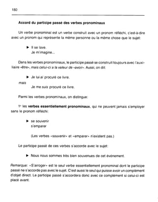 180
Accord du participe passé des verbes pronominaux
Un verbe pronominal est un verbe construit avec un pronom réfléchi, c'est-à-dire
avec un pronom qui représente la même personne ou la même chose que le sujet:
~ Il se lave.
Je m'imagine...
Dans les verbes pronominaux, le participe passé se construit toujours avec l'auxi-
liaire «être», mais celui-ci a la valeur de «avoir». Aussi, on dit:
~ Je lui ai procuré ce livre.
mais
Je me suis procuré ce livre.
Parmi les verbes pronominaux, on distingue:
1° les verbes essentiellement pronominaux, qui ne peuvent jamais s'employer
sans le pronom réfléchi:
~ se souvenir
s'emparer
(Les verbes «souvenir» et «emparer» n'existent pas.)
Le participe passé de ces verbes s'accorde avec le sujet:
~ Nous nous sommes très bien souvenues de cet événement.
Remarque: «S'arroger» est le seul verbe essentiellement pronominal dont le participe
passé ne s'accorde pas avec le sujet. C'est aussi le seul qui puisse avoir un complément
d'objet direct. Le participe passé s'accordera donc avec ce complément si celui-ci est
placé avant.
 