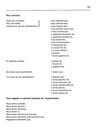Pour conclure
Dans ces conditions, 1
Pour ces motifs,
Compte tenu de ces considérations,
En dernière analyse,
De toutes ces considérations
À la suite de ces constatations,
nous estimons que .
nous pensons que ..
nous croyons que .
nous sommes d'avis que...
il nous semble que...
il (ap)paraît nécessaire de...
il (ap)paraît essentiel de...
nous proposons...
nous recommandons...
il conviendrait de .
il y aurait lieu de .
il y aurait intérêt à...
il faudrait...
il serait opportun de...
il ressort de .
il résulte de .
il apparaît que...
il ressort que...
apparaît que...
serait opportun de...
serait nécessaire de...
serait indispensable de...
serait utile de...
serait souhaitable de...
serait indiqué de...
189
Pour rappeler un élément important de l'argumentation
Nous avons constaté .
Nous avons observé .
Nous avons remarqué...
Nous avons vu...
Nous avons montré plus haut que...
Nous avons démontré antérieurement que...
Rappelons brièvement que...
 