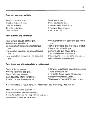191
Pour exprimer une certitude
Il est incontestable que .
Il (ap)paraît évident que .
Sans aucun doute, .
De toute évidence, .
Sans contredit,...
Pour atténuer une affirmation
Nous croyons pouvoir affirmer que...
Selon toute vraisemblance,...
On n'oserait affirmer de façon catégorique
que...
N'avons-nous pas toutes les raisons de croire
que...?
Nous avons bien de la peine à ne pas croire
que...
On ne saurait nier...
On ne peut douter de...
Il faut se rendre à l'évidence:...
Il n'est pas douteux que...
Il est certain que...
Nous avons bien de la peine à ne pas penser
que...
Rien ne prouve que cela ne s'est pas produit.
Il nous a fallu admettre que...
Du moins à ce qu'il nous a paru, .
C'est probablement à la suite de .
C'est, croyons-nous, pour cette raison que...
Nous n'oserions prétendre que...
Pour limiter une affirmation faite précédemment
Nous ne disons pas que...
Nous ne soutenons pas que...
Nous n'affirmons pas que...
Sans doute faut-il tenir compte de .
Il ne faudrait pas en conclure que .
Il convient toutefois de bien préciser ce que
nous entendons par...
Il ne faut toutefois pas en déduire que...
Nous convenons que..., mais...
Nous nous rendons à l'idée que..., mais...
Pour formuler des restrictions, des réserves ou pour limiter la portée d'un avis
Mais il ne saurait être question de...
Il ne faut toutefois pas sous-estimer...
Il importe toutefois de ne pas perdre de vue que...
Nous avons dû nous en remettre à...
 