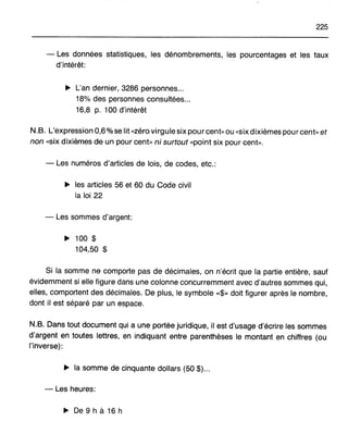 225
- Les données statistiques, les dénombrements, les pourcentages et les taux
d'intérêt:
~ L'an dernier, 3286 personnes...
18% des personnes consultées...
16,8 p. 100 d'intérêt
N.B. L'expression 0,6%se lit «zéro virgule six pour cent), ou «six dixièmes pour cent» et
non «six dixièmes de un pour cent» ni surtout «point six pour cent».
- Les numéros d'articles de lois, de codes, etc.:
~ les articles 56 et 60 du Code civil
la loi 22
- Les sommes d'argent:
~ 100 $
104,50 $
Si la somme ne comporte pas de décimales, on n'écrit que la partie entière, sauf
évidemment si elle figure dans une colonne concurremment avec d'autres sommes qui,
elles, comportent des décimales. De plus, le symbole «$» doit figurer après le nombre,
dont il est séparé par un espace.
N.B. Dans tout document qui a une portée juridique, il est d'usage d'écrire les sommes
d'argent en toutes lettres, en indiquant entre parenthèses le montant en chiffres (ou
l'inverse):
~ la somme de cinquante dollars (50 $)...
- Les heures:
~ De 9 h à 16 h
 
