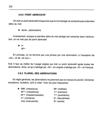 232
3.9.2 POINT ABRÉVIATIF
On met un point abréviatif chaque fois que le mot abrégé ne comporte pas la dernière
lettre du mot:
~ abrév. (abréviation)
Inversement, lorsque la dernière lettre du mot abrégé est comprise dans l'abrévia-
tion, on ne met pas de point abréviatif:
En principe, on ne termine pas une phrase par une abréviation, à l'exception de
«etc.» et de «et suiv.»
N.B. Il faut se méfier de l'usage anglais qui met un point abréviatif après toutes les
abréviations. Ainsi, ce qui s'abrège par «Dr.» en anglais s'abrège par «Dr» en français.
3.9.3 PLURIEL DES ABRÉVIATIONS
En règle générale, les abréviations ne prennent pas la marque du pluriel. Certaines
exceptions, toutefois, sont à noter. Voici les plus fréquentes:
~ MM. (messieurs)
Mmes (mesdames)
Miles (mesdemoiselles)
nos (numéros)
mss (manuscrits)
Mes (maîtres)
1ers premiers)
1res (premières)
2es (deuxièmes)
Sts (saints)
 