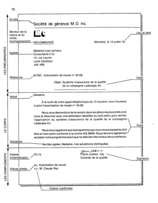 Cf)
w
cr:
«z
~
:J
·w
cr:
0-
Cf)
W
.....1
10
1
En-tête
~société de gérance M. O. inc.
Mention de la ~ 11 , •
nature et du ....."'"
mode
d'acheminement RECOMMANDÉ
T Mad.m, Lire l.om;'~.:..;;:;=.:.:r-----Consultants C.O.
14, rue Laurier
Laval (Québec)
J4K 4R6
Montréal, le 14 juillet 19..
1
Lieu et date
Référence
j
Objet: Système d'assurance de la qualité
de la compagnie Ladacapa inc.
Objet
Cf)
0-
cr:
o
ü
W
.....1
Ala suite de votre appel téléphonique du 12 courant, vous trouverez
ci-joint l'autorisation de travail n° 40-06.
Nous vous demandons de la ren1Plir dans les délais les plus brefs et de
nous la retourner avec une estimation détaillée du coût prévu pour vérifier
l'application du système d'assurance de la qualité de la compagnie
Ladacapa inc.
Nous vous rappelons que leprogramme que vous nous proposerez doit
être en tout point conforme à la norme AQ-B648. Nous devrons également
accepter votre programme avant que ne débutent les travaux de surveillance.
1
Texte
Pièces jointes
p.j. Autorisation de travail
c.e. M. Claude Roy
Copies conformes
Si nature
 