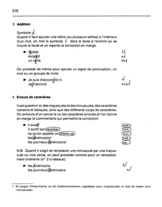 316
3. Addition
Symbole:A
Quand il faut ajouter une lettre (ou plusieurs lettres) à l'intérieur
d'un mot, on met le symbole 1. dans le texte à l'endroit où se
trouve la faute et on reporte la correction en marge:
~ iksible
exig~t
uni~e
On procède de même pour ajouter un signe de ponctuation, un
mot ou un groupe de mots:
~ Je suis d'accord~dit-il.
Jeld'accord
4. Erreurs de caractères
Il est question ici des majuscules et des minuscules, des caractères
romains et italiques, ainsi que des différents corps de caractères.
On entoure d'un cercle le ou les caractères erronés et l'on donne
en marge le commentaire qui permettra la correction:
~ il avait)
il sortit sonŒéVOïVëV
ce qu'on appelle un@l~h-e-:ck"'----uQ)"""
les@méricains1
les journaux@méricains1
N.B. Quand il s!agit de remplacer une minuscule par une majus-
cule ou vice versa, on peut procéder comme pour un remplace-
ment ordinaire (n° 2 ci-dessus):
~ les ~méricains
les journaux@néricains
1. En jargon d'imprimerie, on dit traditionnellement «capitales» pour «majuscules» et «bas de casse» pour
«minuscules».
 