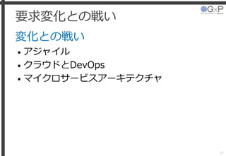 要求変化との戦い
変化との戦い
• アジャイル
• クラウドとDevOps
• マイクロサービスアーキテクチャ
10
 