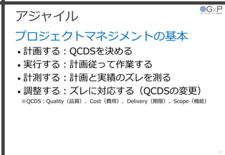 アジャイル
プロジェクトマネジメントの基本
• 計画する：QCDSを決める
• 実行する：計画従って作業する
• 計測する：計画と実績のズレを測る
• 調整する：ズレに対応する（QCDSの変更）
※QCDS：Quality（品質）、Cost（費用）、Delivery（期限）、Scope（機能）
12
 