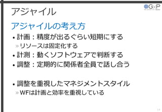 アジャイル
アジャイルの考え方
• 計画：精度が出るぐらい短期にする
»リソースは固定化する
• 計測：動くソフトウェアで判断する
• 調整：定期的に関係者全員で話し合う
• 調整を重視したマネジメントスタイル
»WFは計画と効率を重視している
14
 