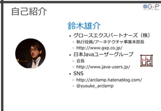 自己紹介
鈴木雄介
• グロースエクスパートナーズ（株）
» 執行役員/アーキテクチャ事業本部長
» http://www.gxp.co.jp/
• 日本Javaユーザーグループ
» 会長
» http://www.java-users.jp/
• SNS
» http://arclamp.hatenablog.com/
» @yusuke_arclamp
1
 