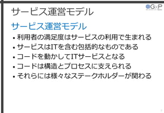 サービス運営モデル
サービス運営モデル
• 利用者の満足度はサービスの利用で生まれる
• サービスはITを含む包括的なものである
• コードを動かしてITサービスとなる
• コードは構造とプロセスに支えられる
• それらには様々なステークホルダーが関わる
7
 