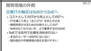 開発現場の外側
企業ITの軸足はSoRからSoEへ
• コストとしてのITから売上としてのITへ
»ITを通じて売上（主にLTV）を向上させる
»継続利用させるための仕掛けとしてのIT
»SoRはなくならないが、より重視するのはSoE
• SoEでは社内で仕様を決めきれない
»本当のユーザーは社内にはいない
»競合他社や市場環境の変化を受けやすい
11
 