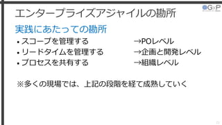 エンタープライズアジャイルの勘所
実践にあたっての勘所
• スコープを管理する
• リードタイムを管理する
• プロセスを共有する
※多くの現場では、上記の段階を経て成熟していく
23
→POレベル
→企画と開発レベル
→組織レベル
 