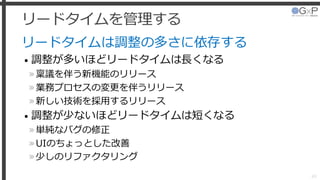 リードタイムを管理する
リードタイムは調整の多さに依存する
• 調整が多いほどリードタイムは長くなる
»稟議を伴う新機能のリリース
»業務プロセスの変更を伴うリリース
»新しい技術を採用するリリース
• 調整が少ないほどリードタイムは短くなる
»単純なバグの修正
»UIのちょっとした改善
»少しのリファクタリング
43
 